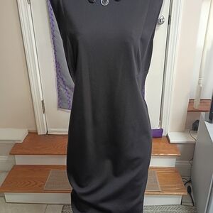 AGB Vintage Classic Black Sleeveless Dress with Rhinestone Neckline, Zipper Back